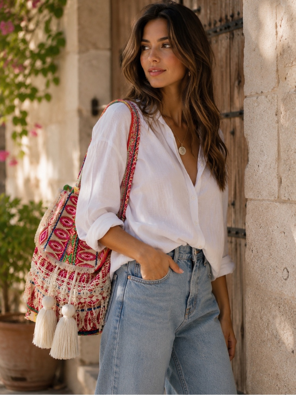 ShopEvelynne Pink Multi Embroidered Boho Drawstring Backpack